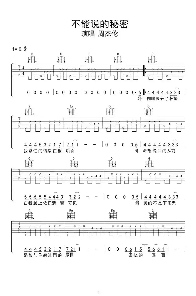 不能说的秘密,周杰伦吉他谱弹唱教学指弹谱#吉他 #吉他弹唱教 - 抖音