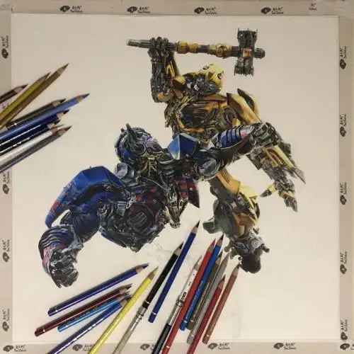 纯手绘彩铅画擎天柱对战大黄蜂步骤