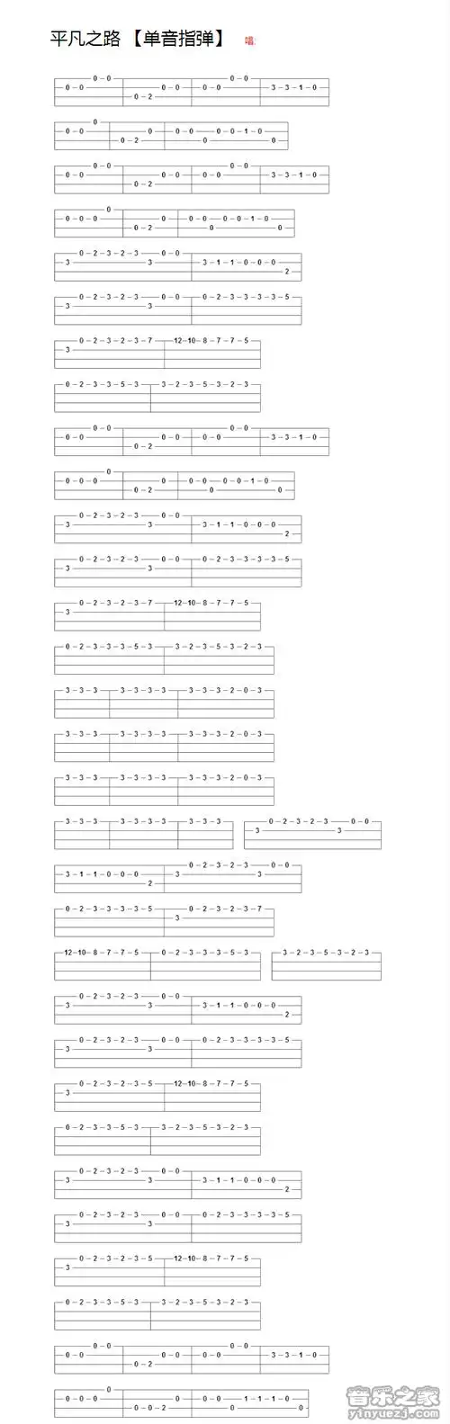 单音版 朴树《平凡之路》尤克里里指弹谱