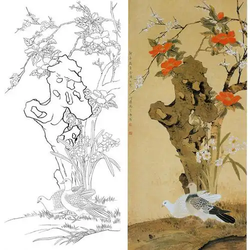 白描底稿-陈之佛工笔竖幅四尺六尺花鸟-山茶鸽子-a095