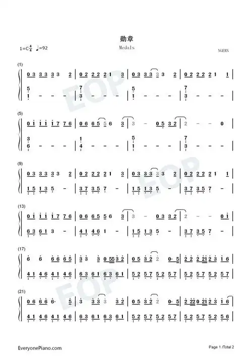 勋章-c调简单版-我是证人主题曲双手简谱预览1