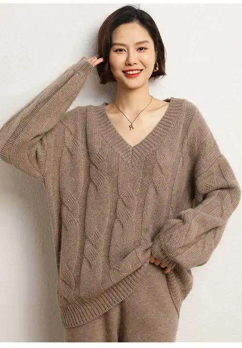 慵懒风短款女装针织毛衣套头v领麻花宽松大码95山羊绒秋冬新款