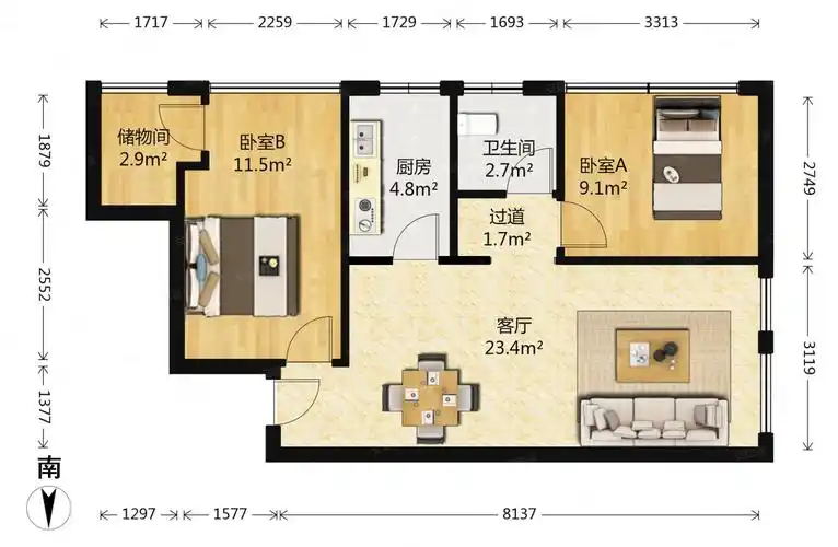 70平精装修2室1厅万达西地采光好周边商圈成熟