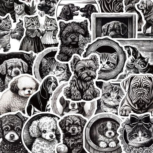 50张黑白艺术版画动物贴纸笔记本电脑手账本手机壳装饰防水贴画