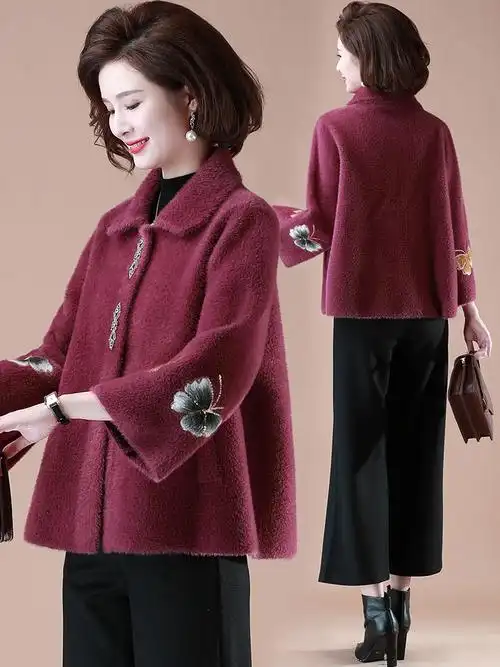 中老年女秋冬水貂绒外套50岁妈妈冬装短款时尚毛呢上衣阔太太高贵