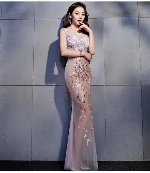 夜塲礼服女2019性感名媛晚礼服夜塲长裙透明网纱长款透视礼服 粉色