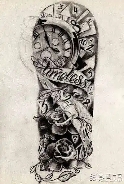 玫瑰时钟纹身设计与手稿 欧美纹身代表作之一