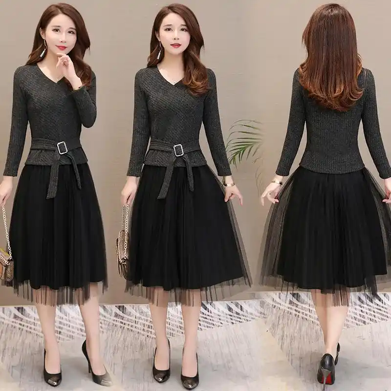 春季两件套连衣裙女2019新款大码气质女装中长款修身显瘦套装裙子