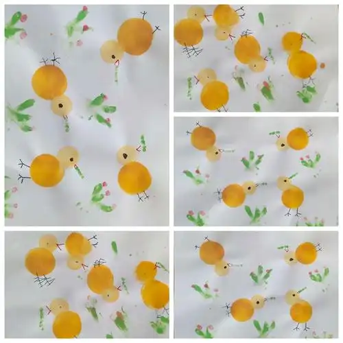《小鸡》        海绵印画,宝贝们第一次用海绵印画,很是新奇,通过