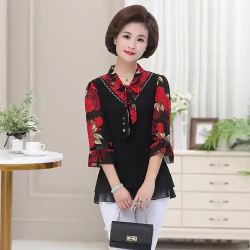 妈妈夏装上衣雪纺衫中年女4050岁中老年女装夏季t恤潮