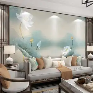 现代新中式手绘清新荷花素雅荷叶墙纸沙发客厅电视背景墙壁纸墙布