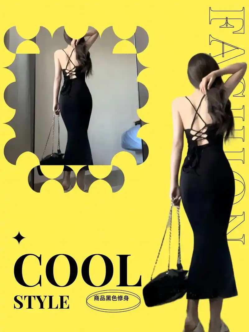 这款绑带大露背吊带鱼尾连衣裙女长裙卡戴珊辣妹欧美黑色修身性感
