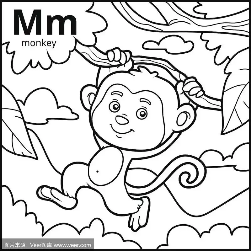 着色书,无色字母.字母m,猴子