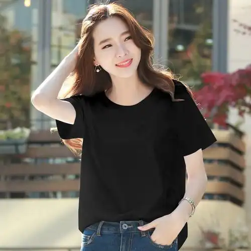 短袖女纯黑_短袖女2018新款夏季纯黑色t恤圆领宽松纯棉纯色百搭韩版