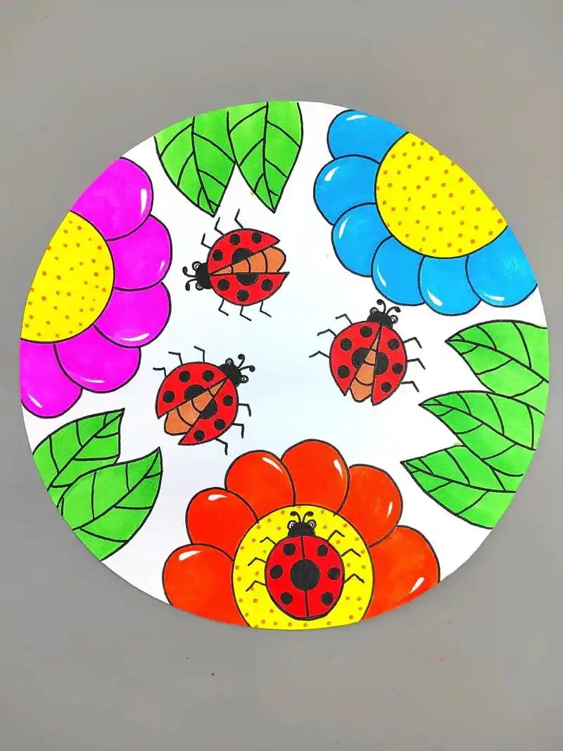 创意美术:花丛里的七星瓢虫,简单好看,快和我组队一起学画画吧 - 抖音