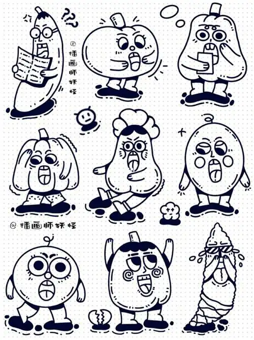 doodle风格蔬菜水果拟人简笔画原创