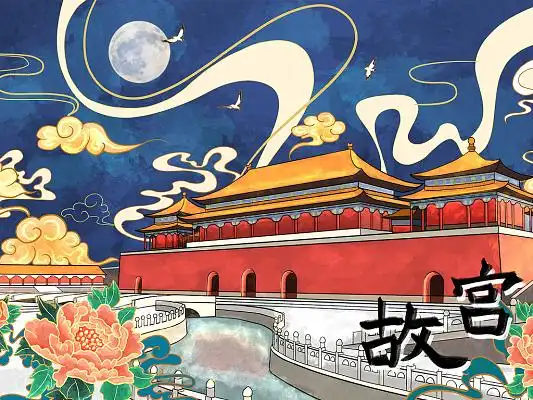 手绘卡通古代建筑故宫原创插画海报国际博物馆日