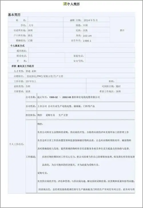 求职 意向及工作经历 人才类型: 普通 求职 应聘职位: 资材部长/pmc