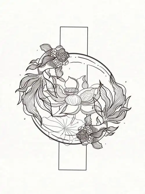 国潮古风金鱼荷花线稿