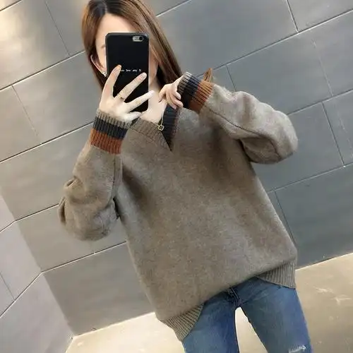 爆款v领毛衣女宽松外穿2021年秋冬新款内搭网红针织衫女套头春款