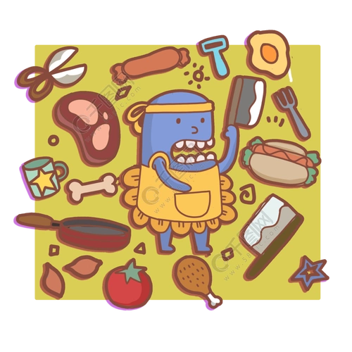 手绘卡通厨房用具小怪物