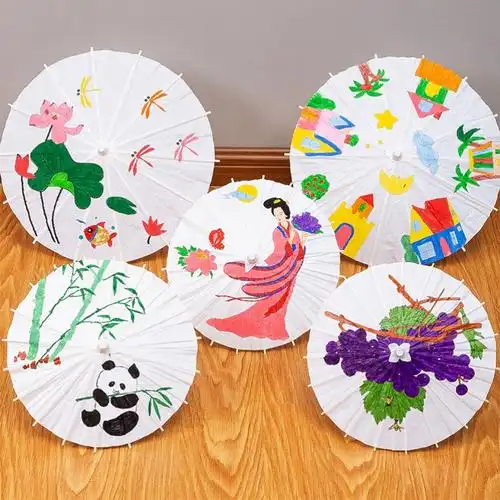 油纸伞diy材料手工儿童空白手绘画涂鸦涂色道具幼儿园纸雨伞制作