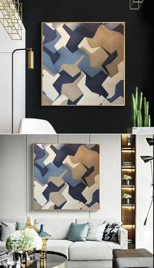 现代欧式几何抽象色块拼接油画高档大气无框画