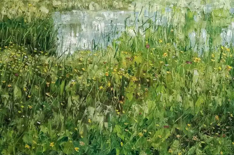 40×60布面油画《河边的野花》50×50布面油画《初秋的原野》40×60布