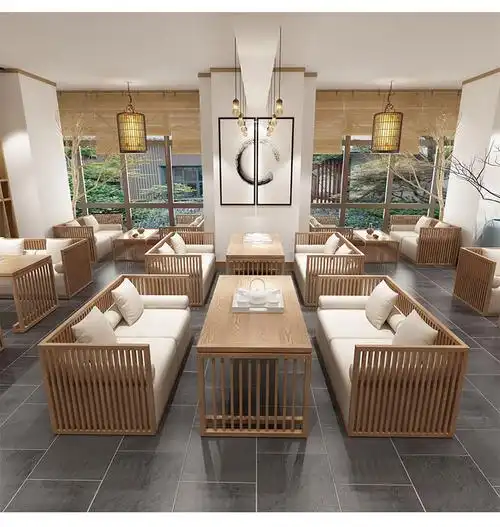 墨绩 新中式茶楼禅意实木沙发茶桌民宿酒店餐厅包间卡座接待原木色