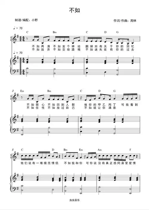 不如(和弦弹唱版)钢琴谱-小野-虫虫钢琴