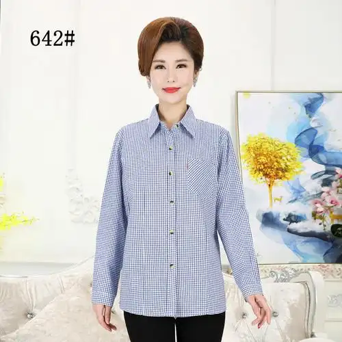 高品质妈妈装棉衬衫女长袖春装大码衬衣中老年女士全棉格子长袖上衣
