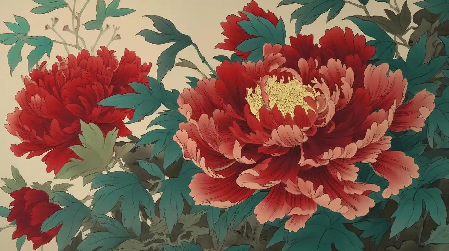 ai绘画:关键词(中国画 牡丹花 关键词:墨线描绘,圆润饱满,五瓣花,红色