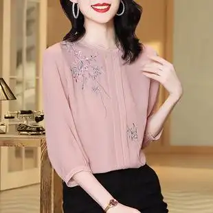 重磅真丝衬衫女士2021夏季新款阔太太高端大牌绣花桑蚕丝上衣小衫