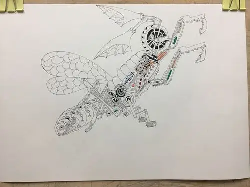 彩色线描和马克笔的结合——正在捕食的机械螳螂