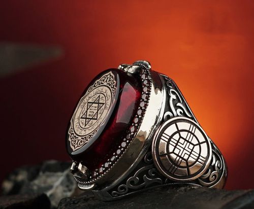 土耳其代购amber◇手作红色琥珀石六角星所罗门印章雕刻男士戒指