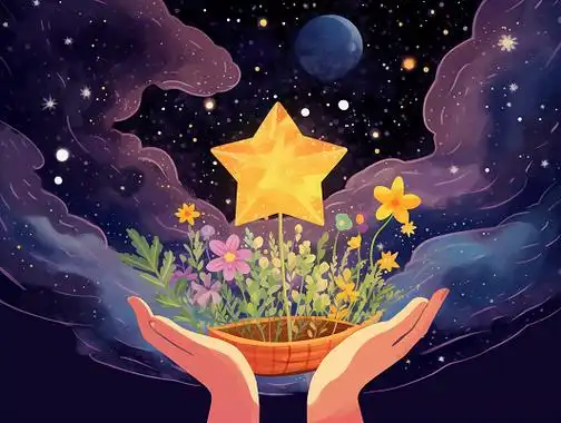 卡通唯美浪漫手绘梦幻风夸张幻想夜晚双手捧着星星神圣信仰插画简约