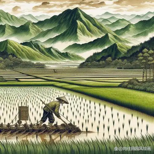 耕作青山绿水,水墨山水画中的农夫耕田景象