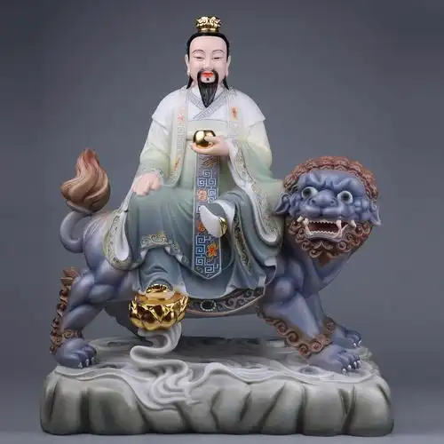 汉白玉太乙真人救苦天尊神像坐骑九头狮道教教祖摆件