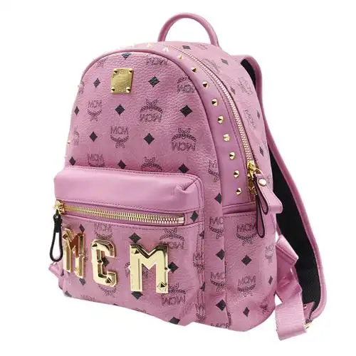 [9.8新]mcm女士双肩包stark系列粉色土豪金大logo铆钉小号双肩包