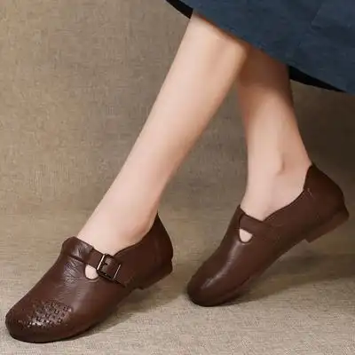 春秋大码休闲牛筋底妈妈鞋软底女舒适平底女鞋真皮中老年皮鞋单鞋