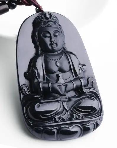 一品翠 天然翡翠a货精工墨翠莲花观音牌