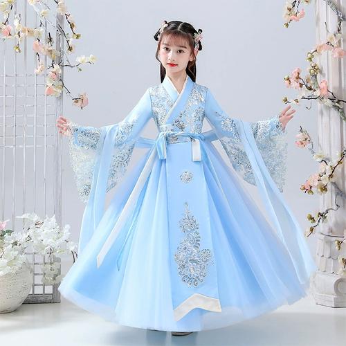 女童汉服春秋唐装交领蓝色长袖儿童古装公主裙中国风表演服连衣裙