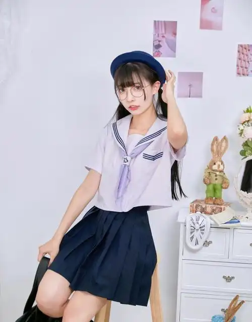 御茶家日系紫色短款水手服短袖中间服原创jk校供感早春学院风绀色下裙