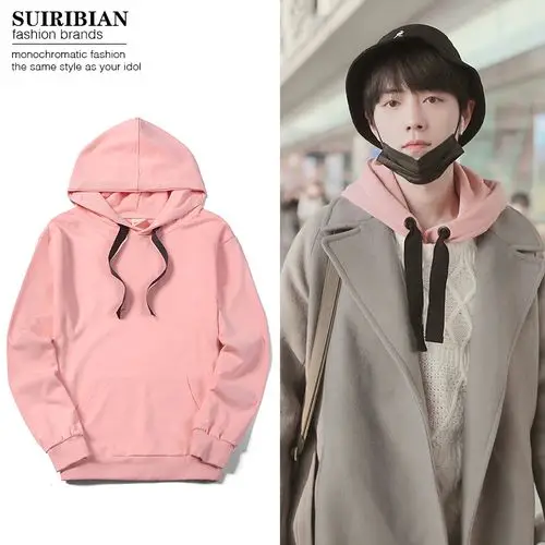 热销潮外套青少年女_肖战同款秋冬卫衣男青少年宽松粉色连帽外套休闲