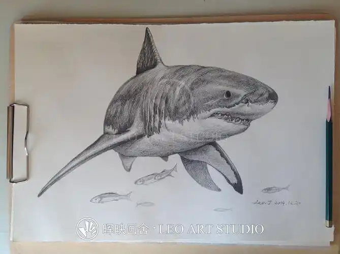 分享一幅素描插画——《大白鲨》的绘制过程