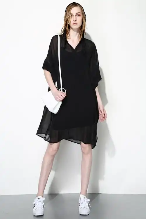 限)进口纱高雅纯黑色沙滩裙 短袖套头连帽连衣裙 夏 中裙