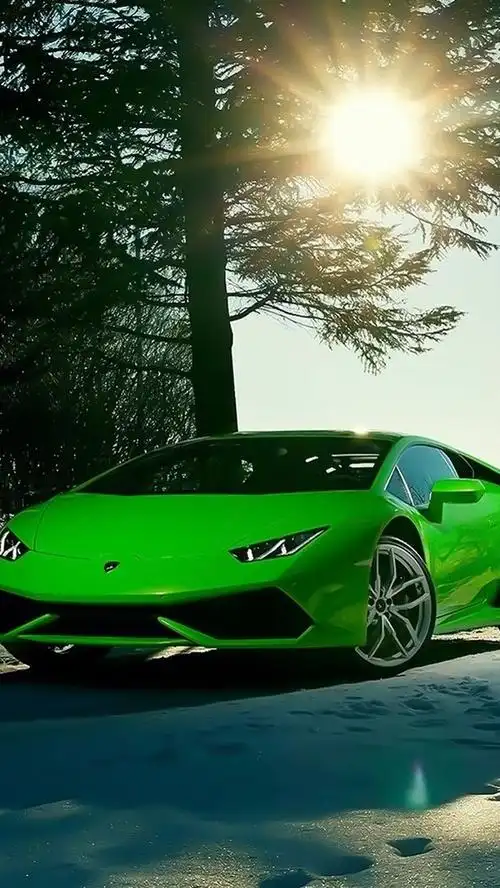 兰博基尼lp640-4乌拉坎绿色超级跑车,冬天,太阳