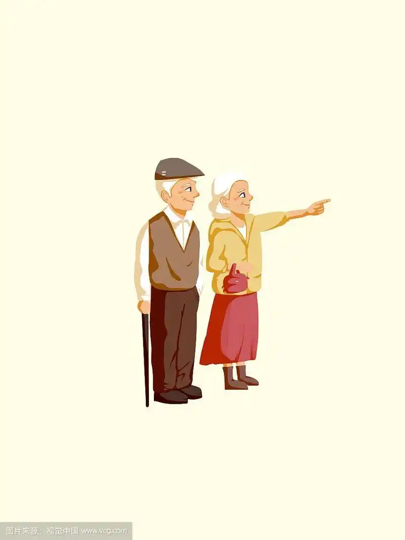 两位旅行驻足的老人插画素材 手指远方的老人