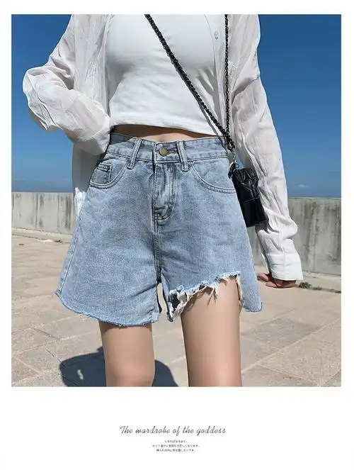 高腰宽松***牛仔短裤女夏网红同款浅色烂破洞显瘦百搭超短裤子 - 17网