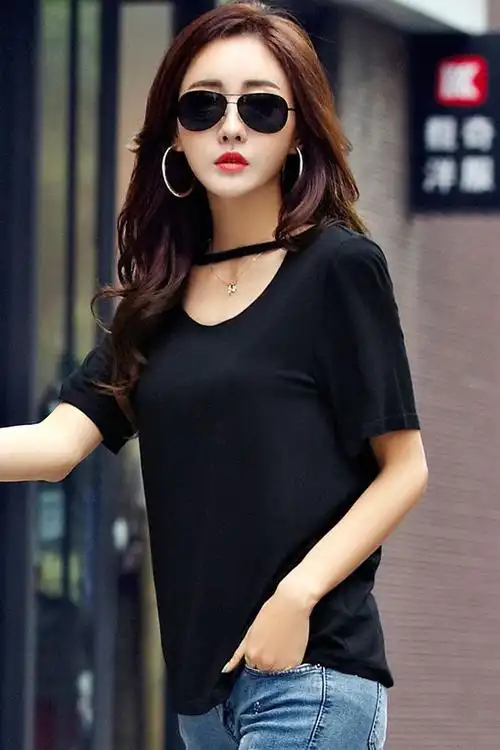 2016韩短袖女t恤黑色学生夏装新款上衣修身宽松大码小衫潮